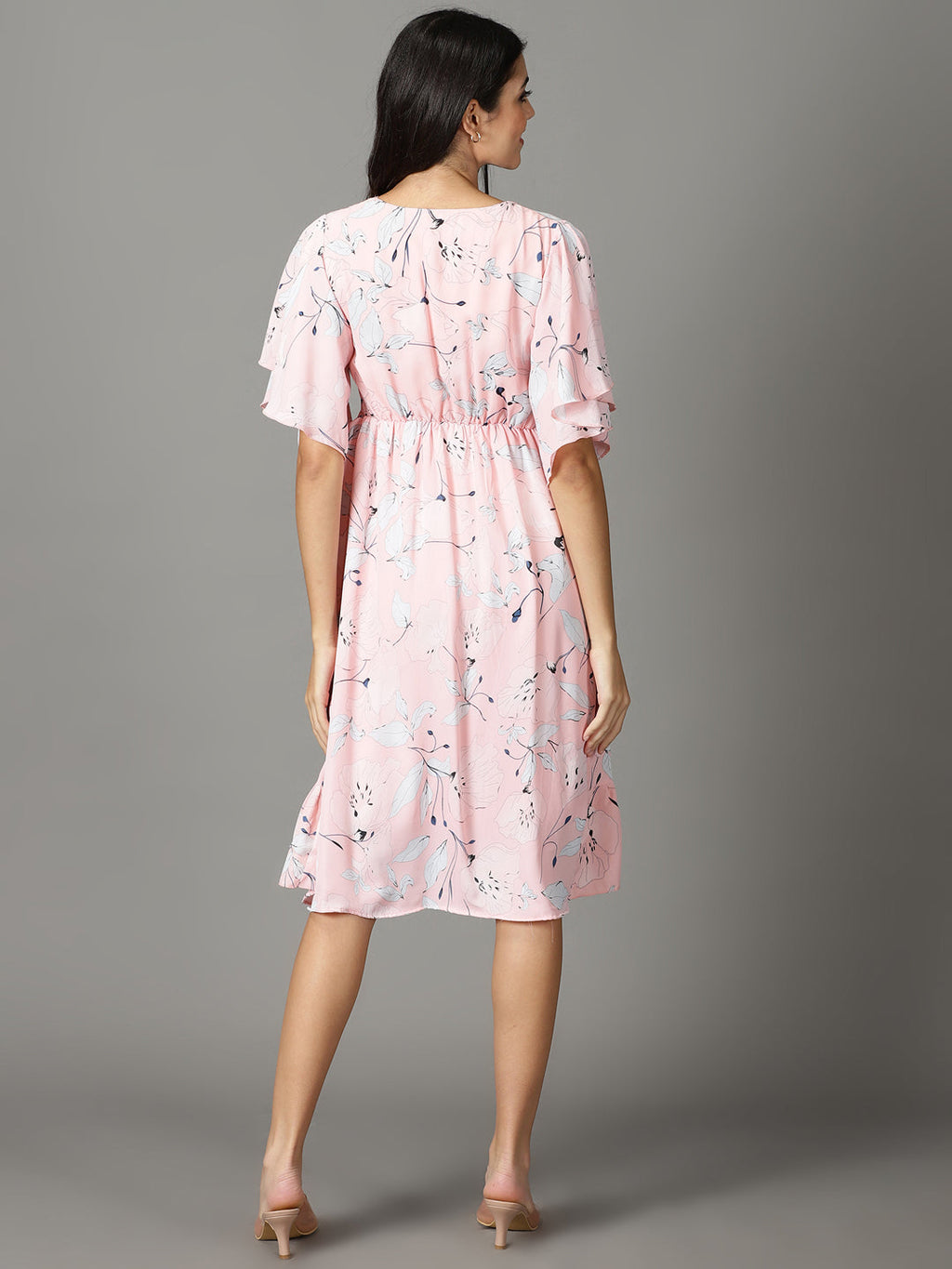 Women's Peach Floral Chiffon Wrap Dress
