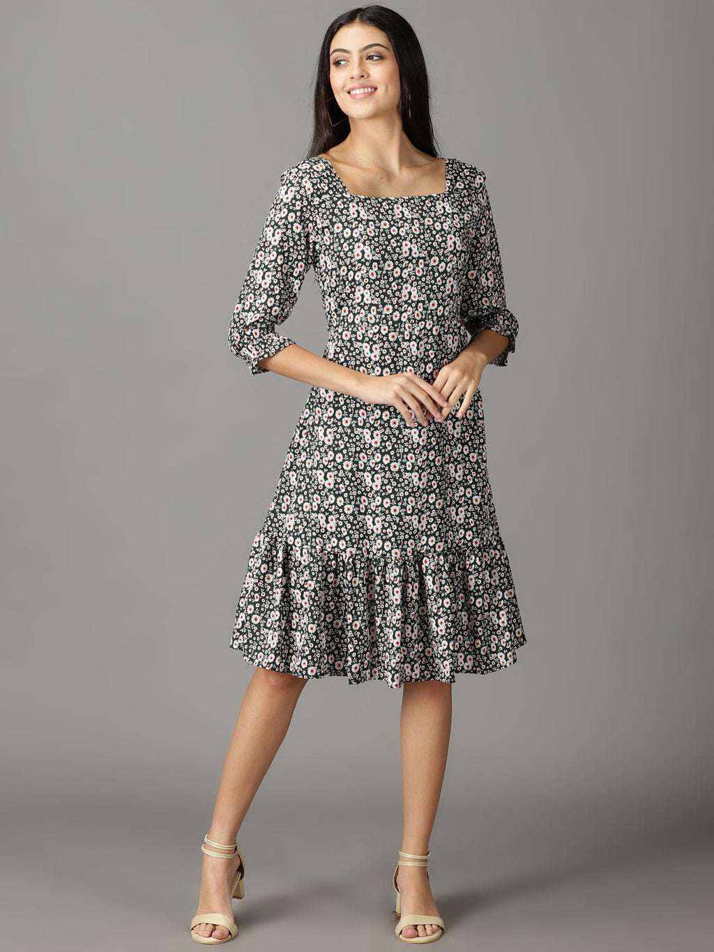Women's Olive Printed Square Neck A-Line Dress
