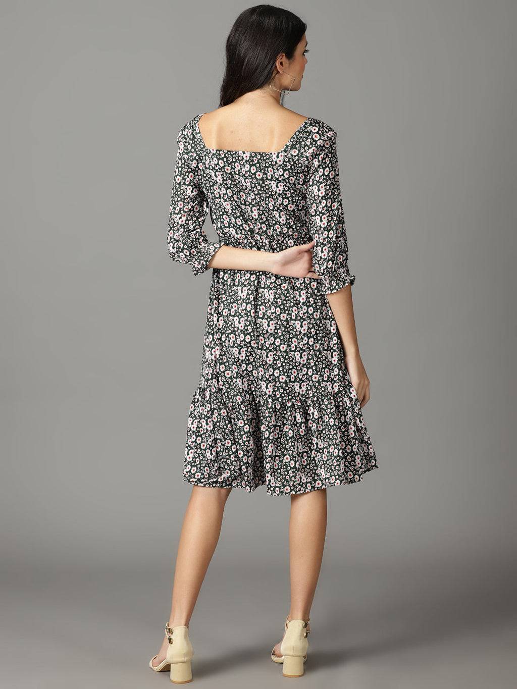 Women's Olive Printed Square Neck A-Line Dress
