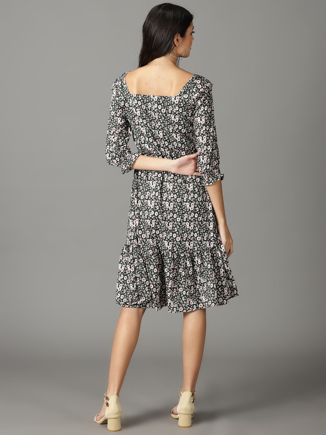 Women's Olive Printed Square Neck A-Line Dress