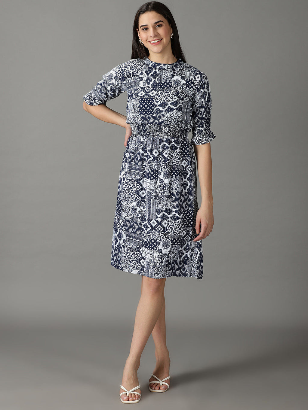 Women's White Ethnic Motifs Printed Sheath Dress