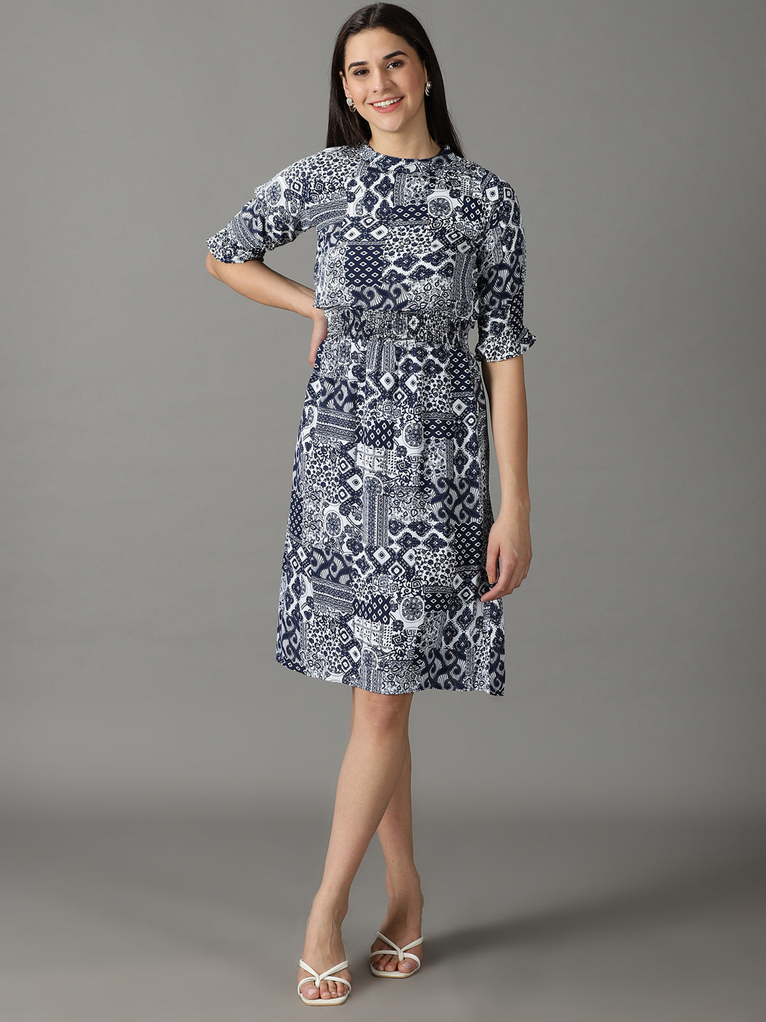 Women's White Ethnic Motifs Printed Sheath Dress