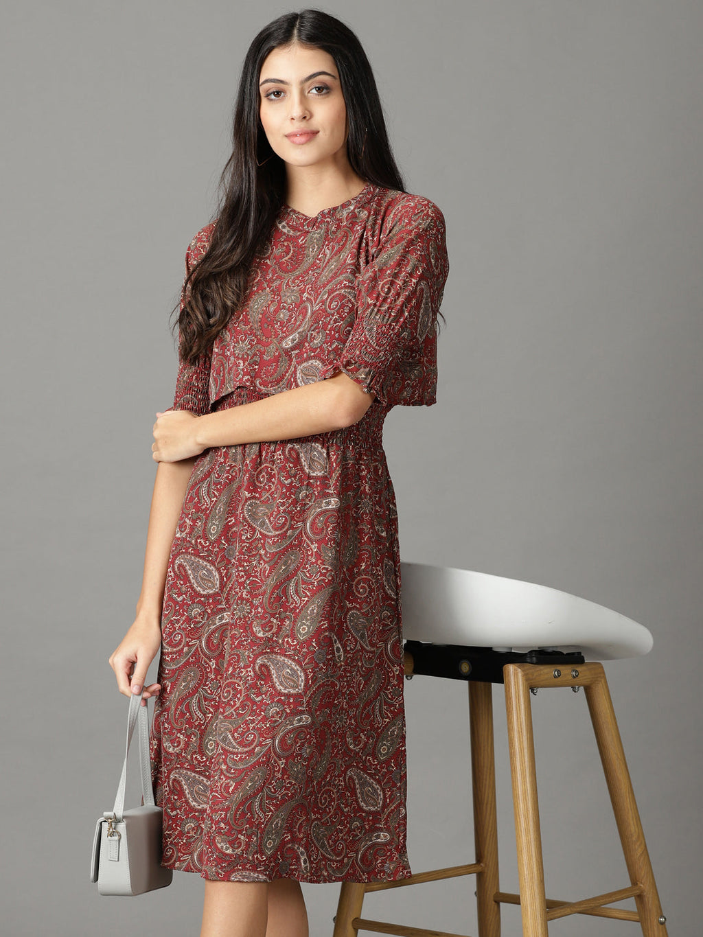 Women's Maroon Ethnic Motifs Crepe A-Line Midi Dress