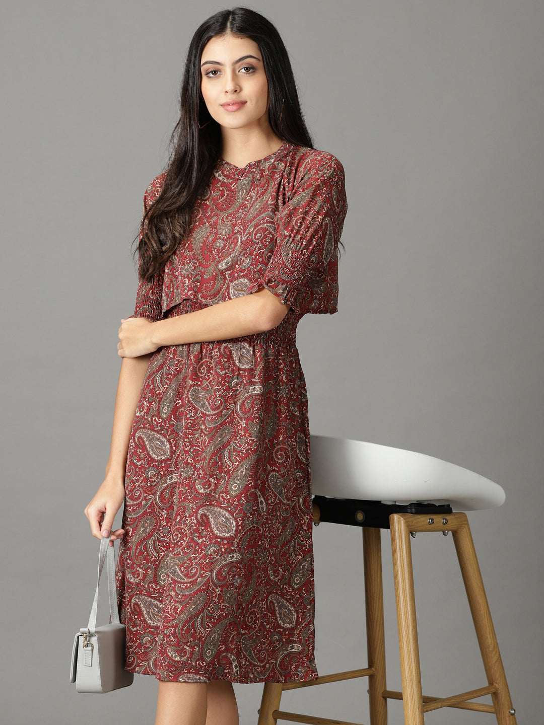 Women's Maroon Ethnic Motifs Crepe A-Line Midi Dress