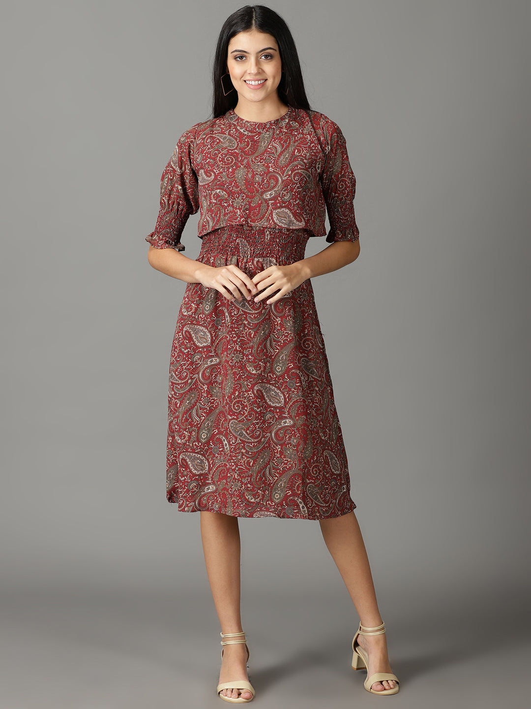 Women's Maroon Ethnic Motifs Crepe A-Line Midi Dress