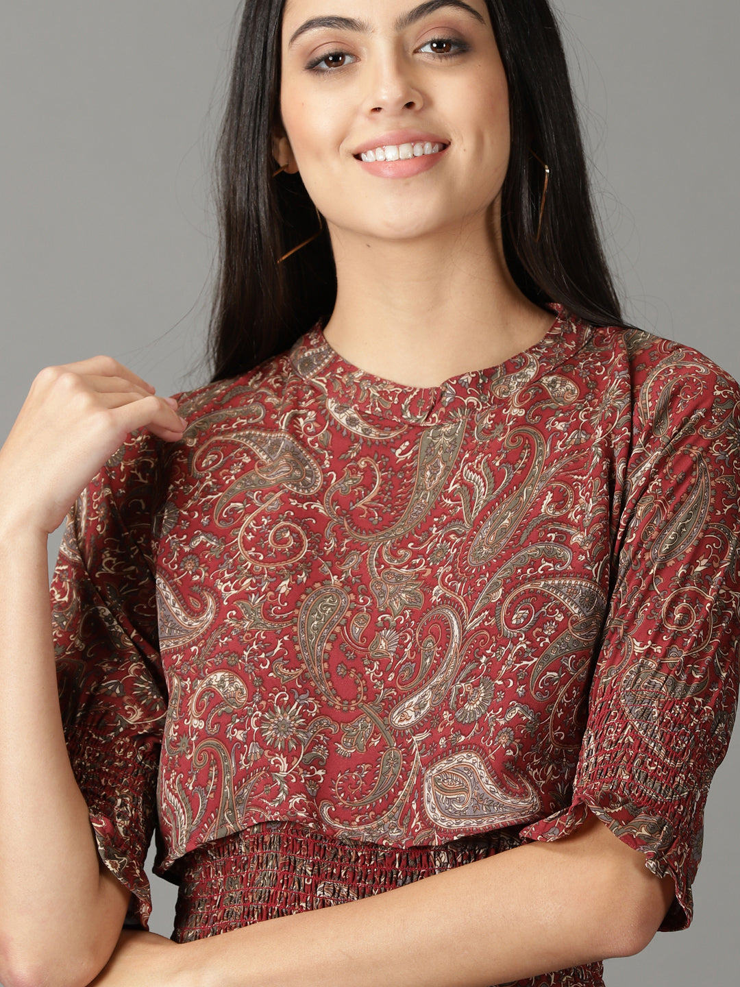 Women's Maroon Ethnic Motifs Crepe A-Line Midi Dress