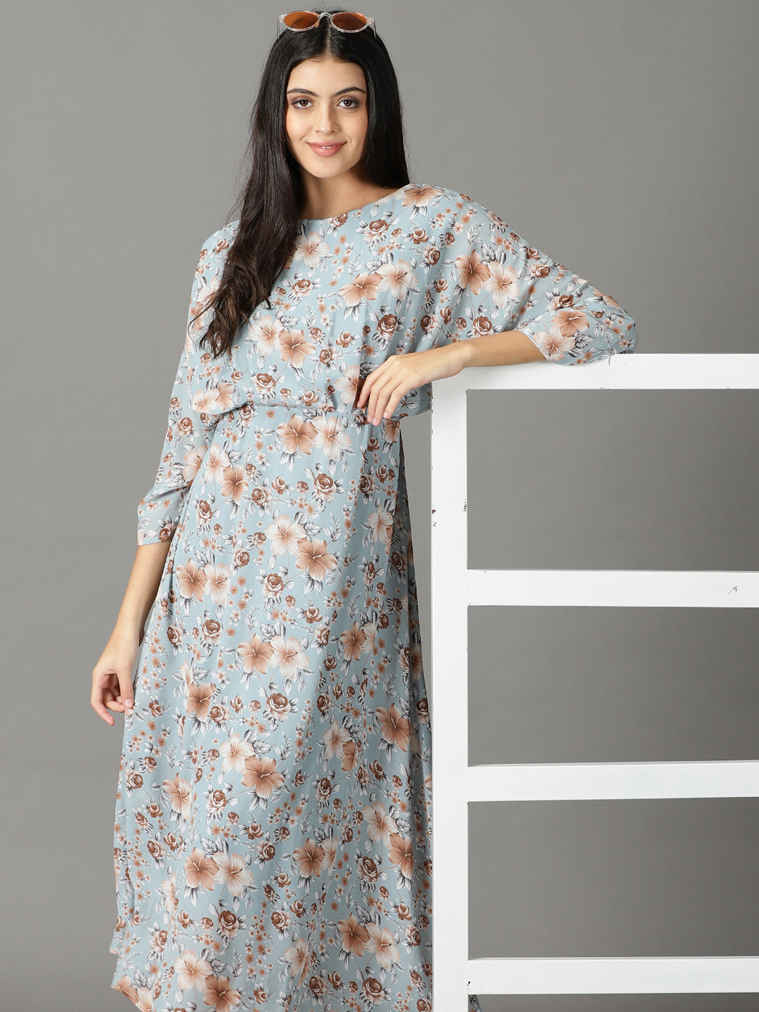 Women's Blue Floral Printed Boat Neck A-Line Maxi Dress