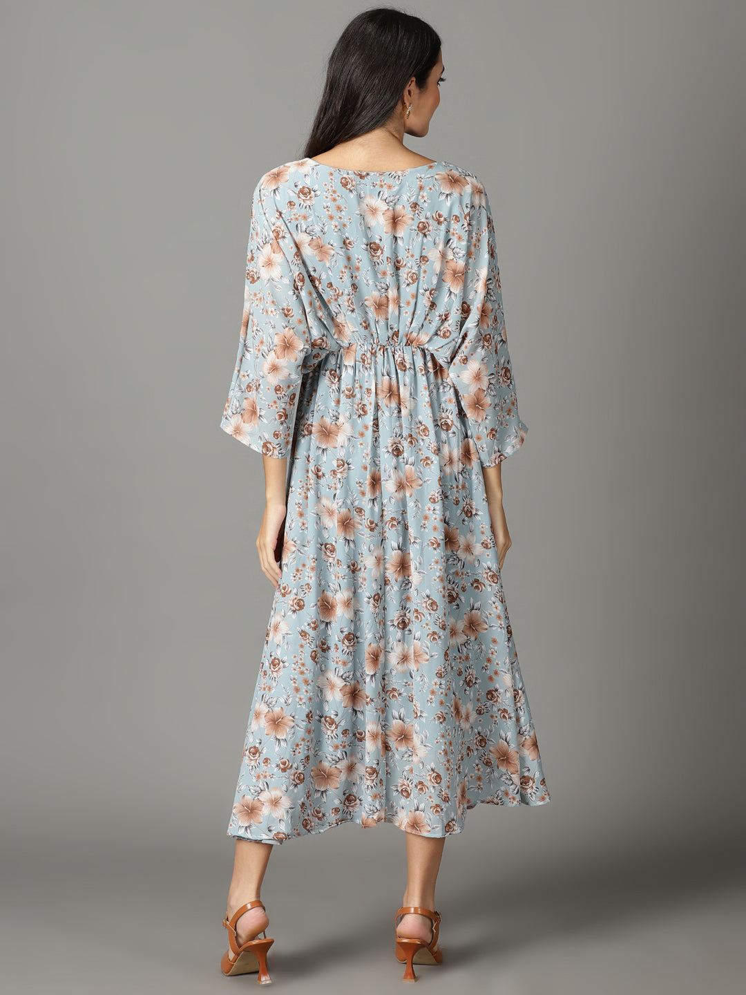 Women's Blue Floral Printed Boat Neck A-Line Maxi Dress