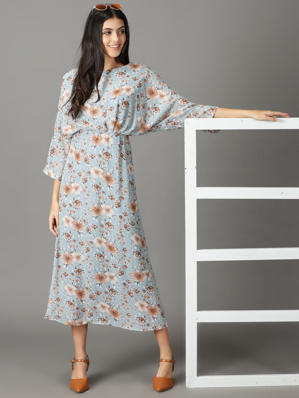 Women's Blue Floral Printed Boat Neck A-Line Maxi Dress