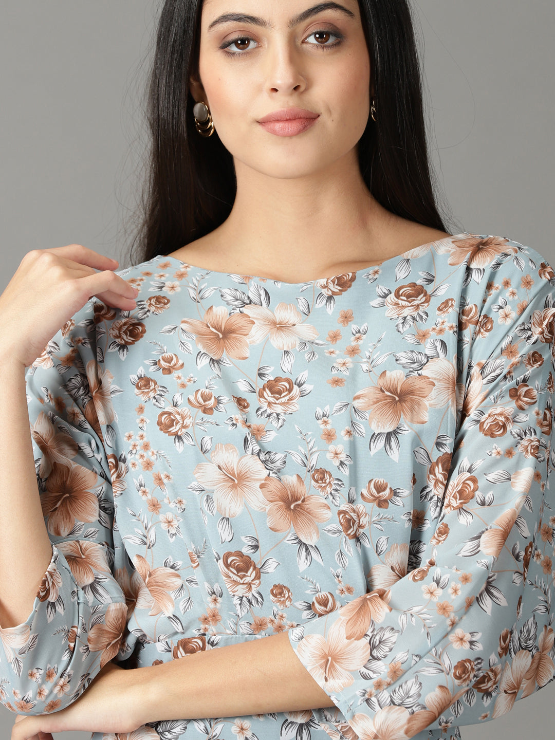 Women's Blue Floral Printed Boat Neck A-Line Maxi Dress