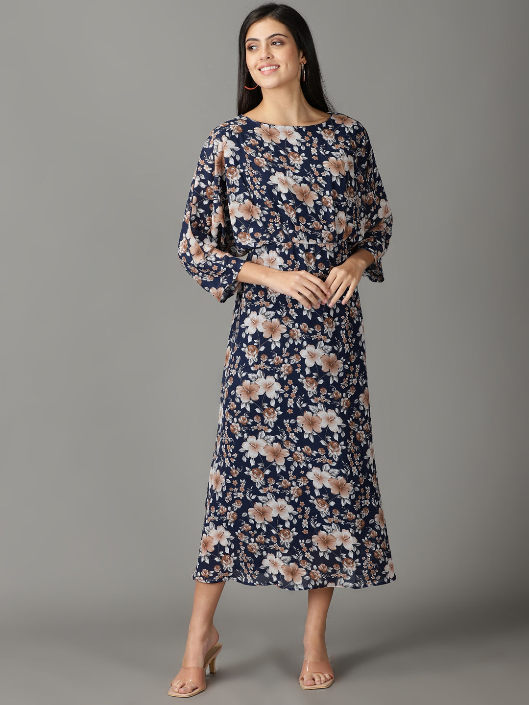 Women's Navy Blue Floral Printed A-Line Dress
