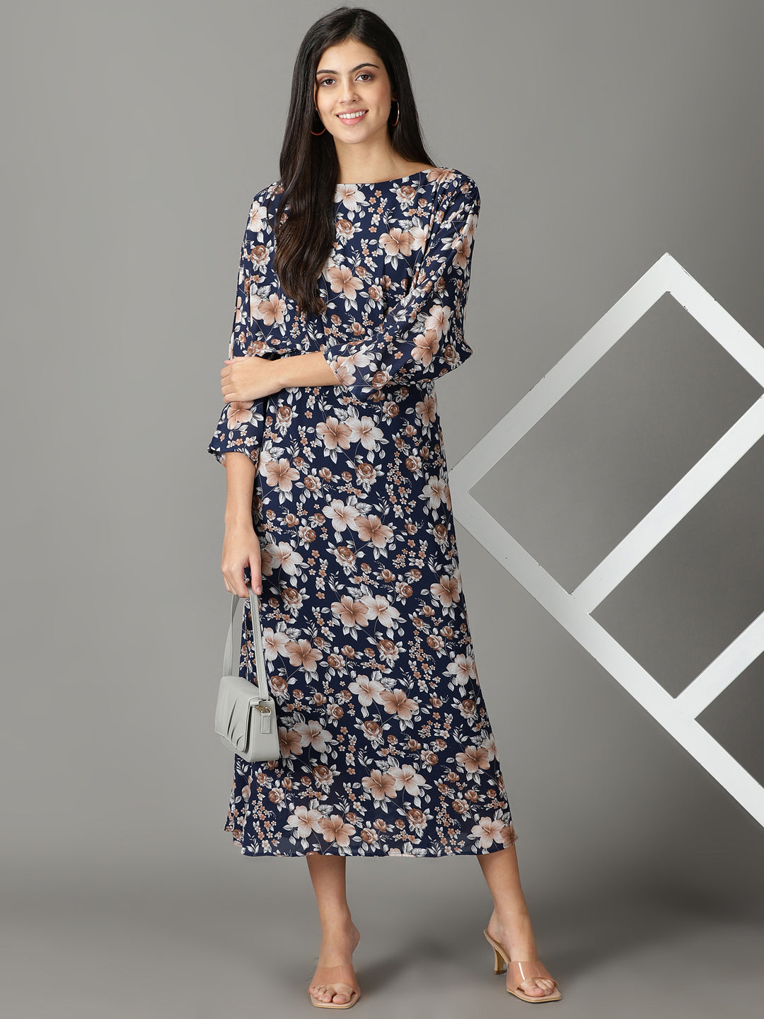 Women's Navy Blue Floral Printed A-Line Dress