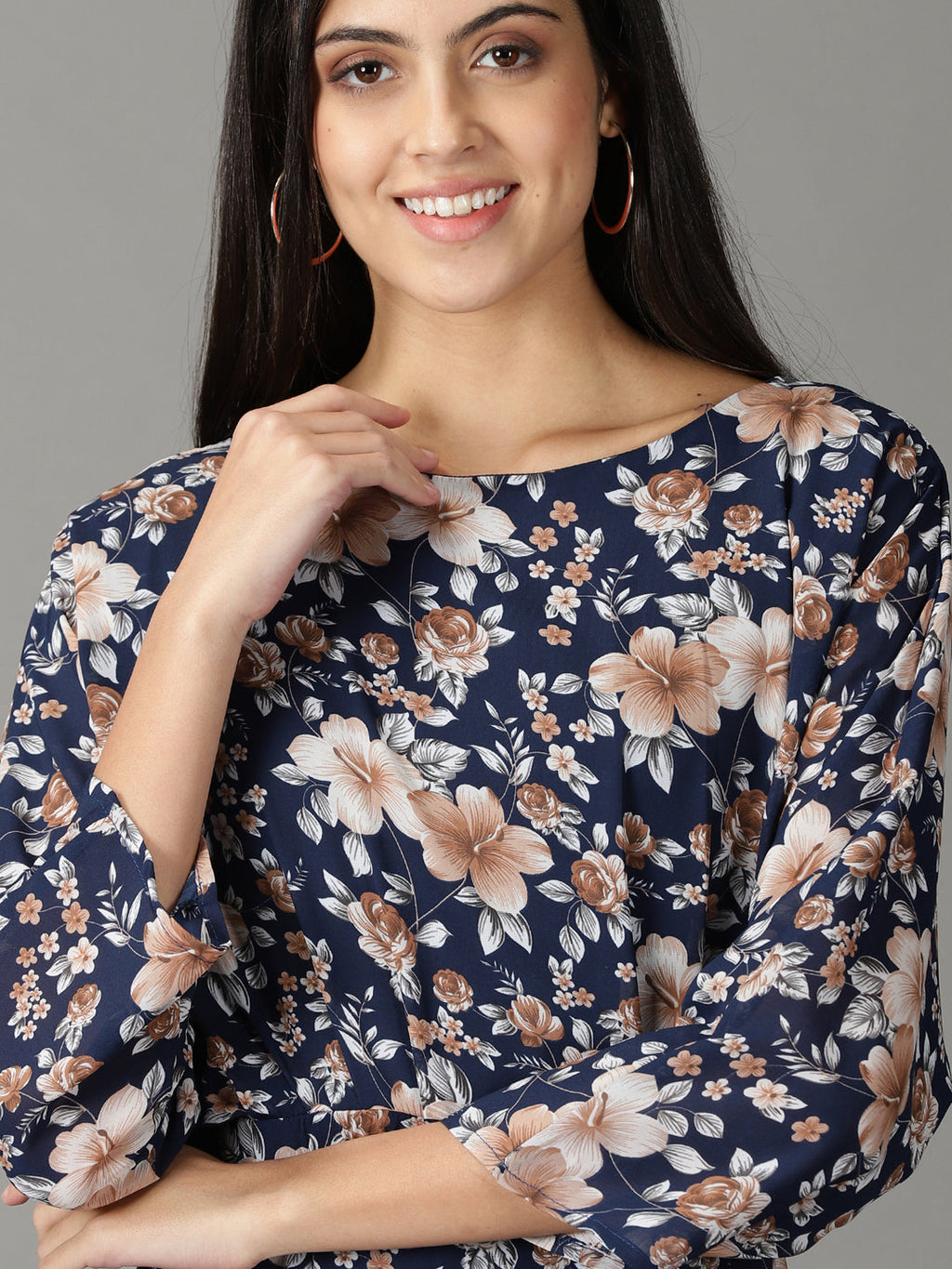 Women's Navy Blue Floral Printed A-Line Dress