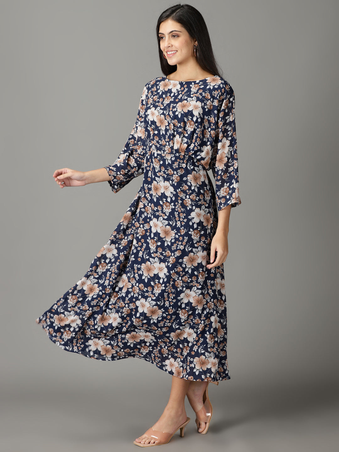 Women's Navy Blue Floral Printed A-Line Dress