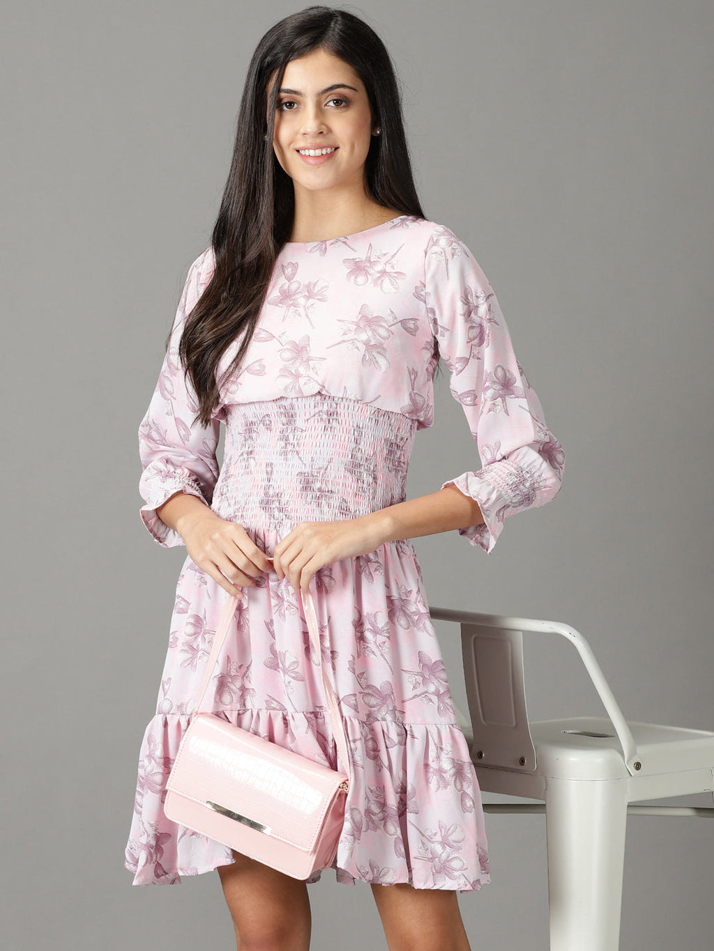Women's Pink Floral Printed Fit & Flare Dress