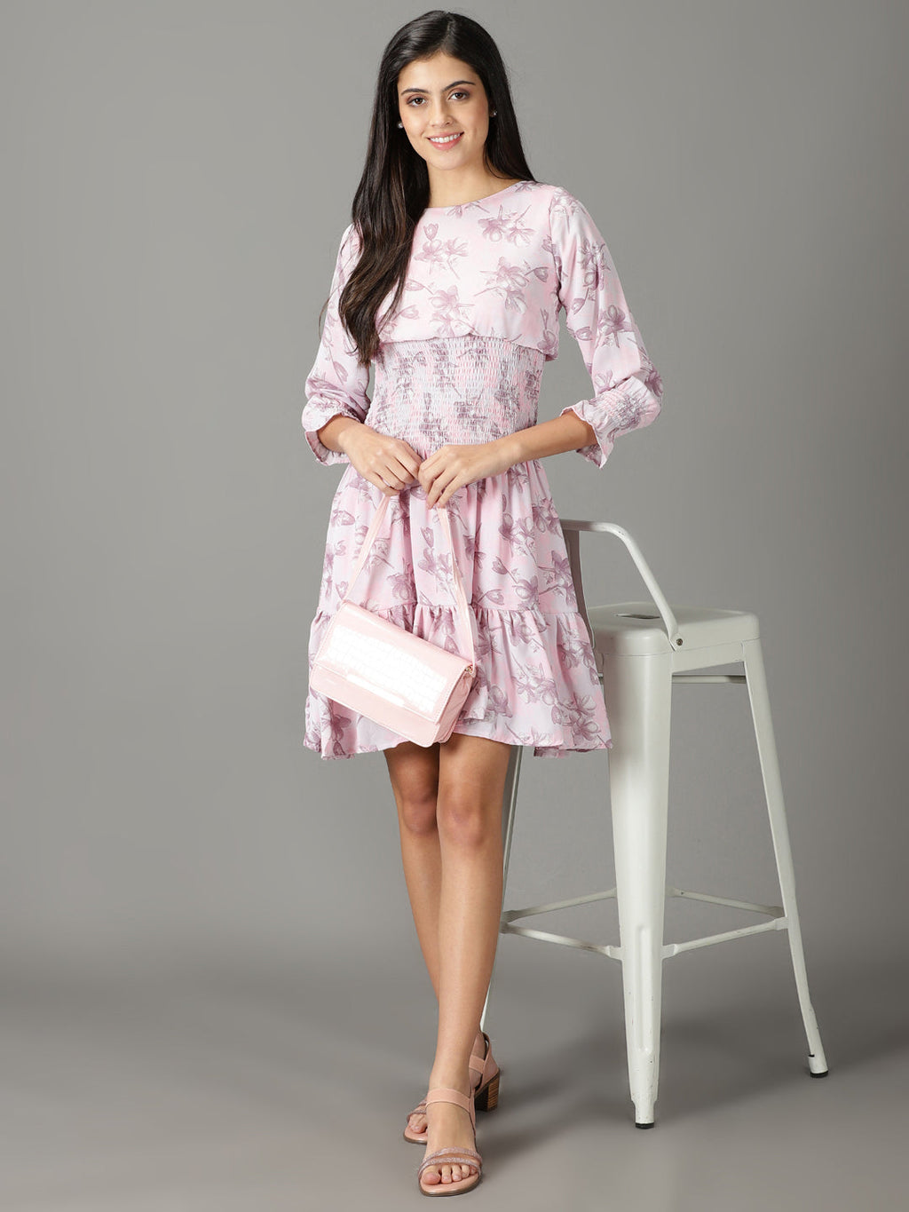 Women's Pink Floral Printed Fit & Flare Dress