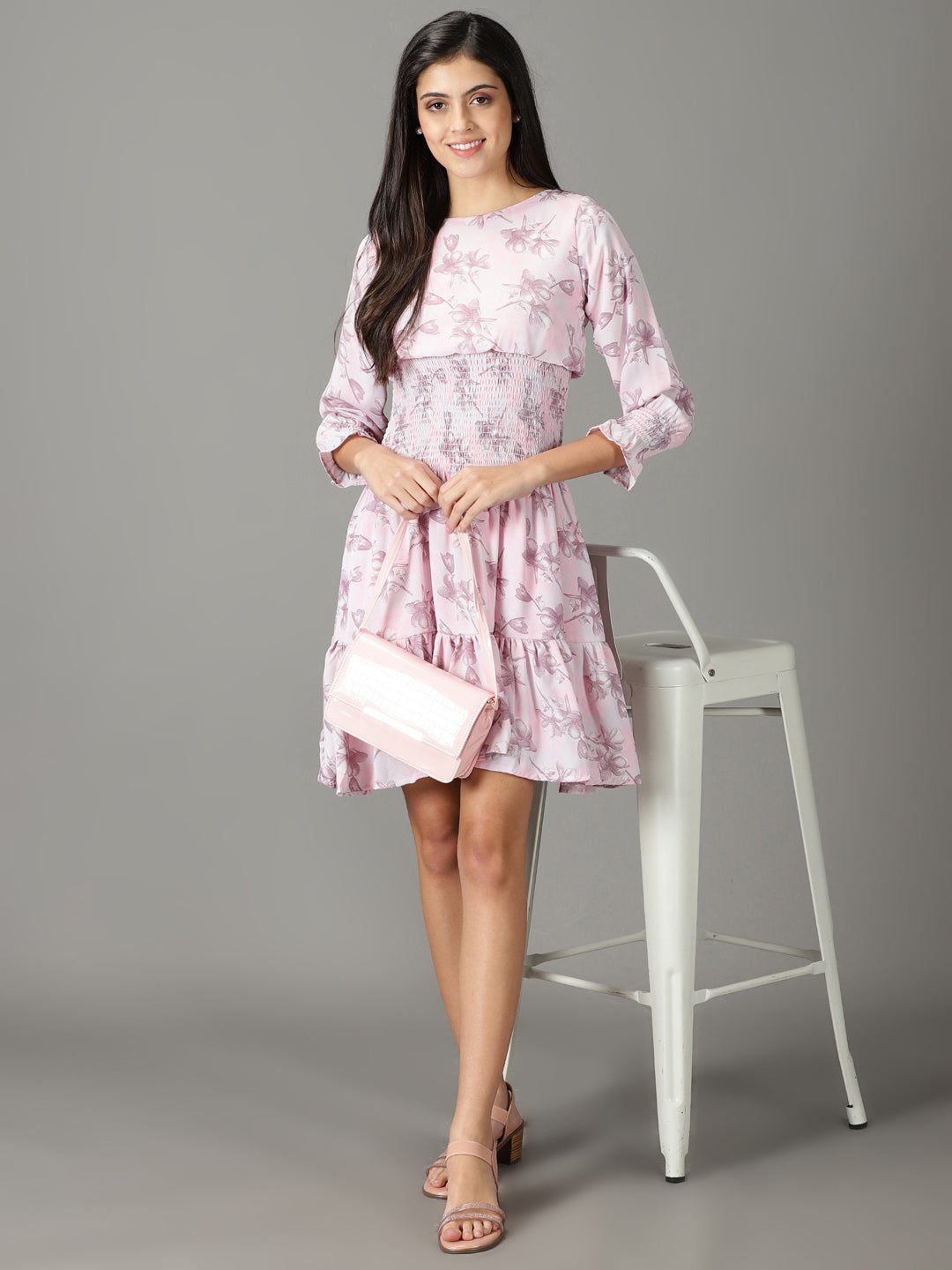 Women's Pink Floral Printed Fit & Flare Dress