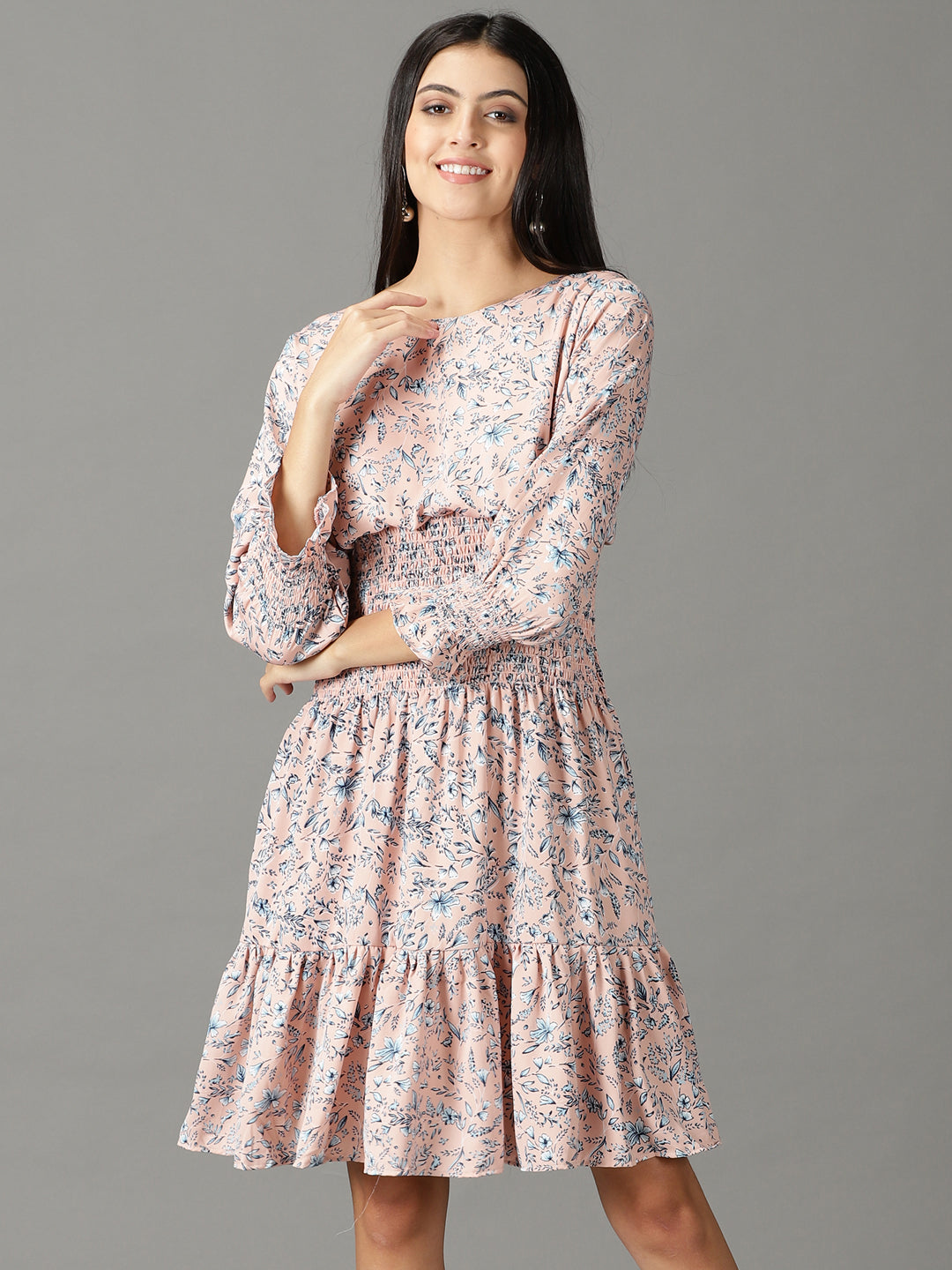 Women's Peach Floral Printed Smocked Detailed A-Line Dress