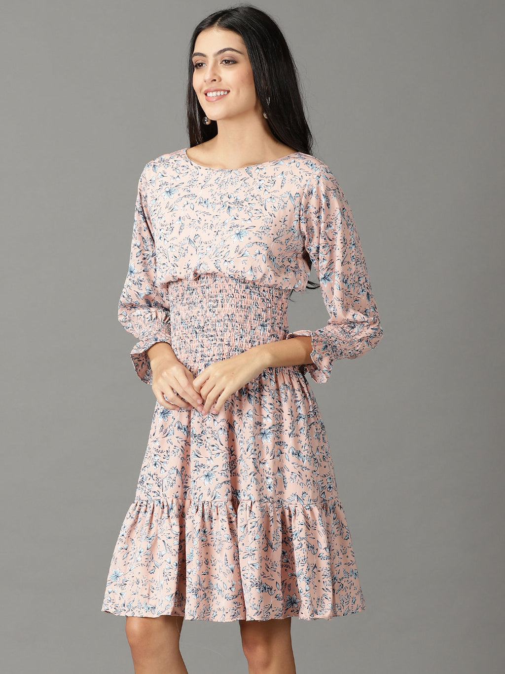 Women's Peach Floral Printed Smocked Detailed A-Line Dress