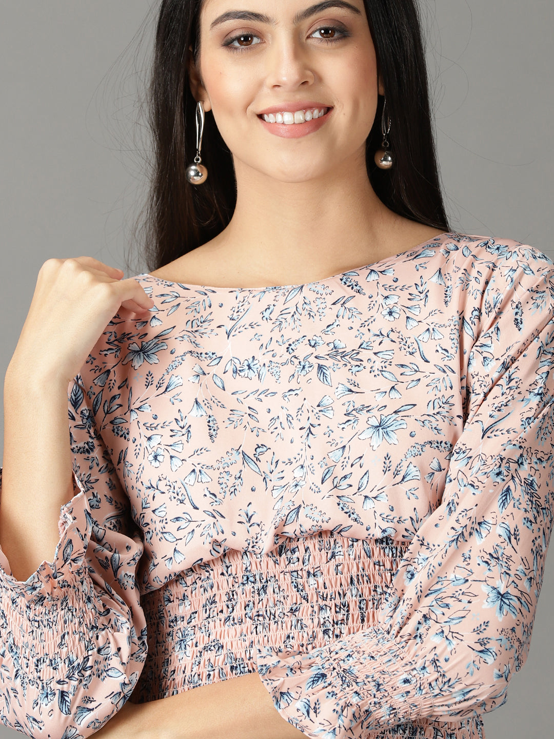 Women's Peach Floral Printed Smocked Detailed A-Line Dress