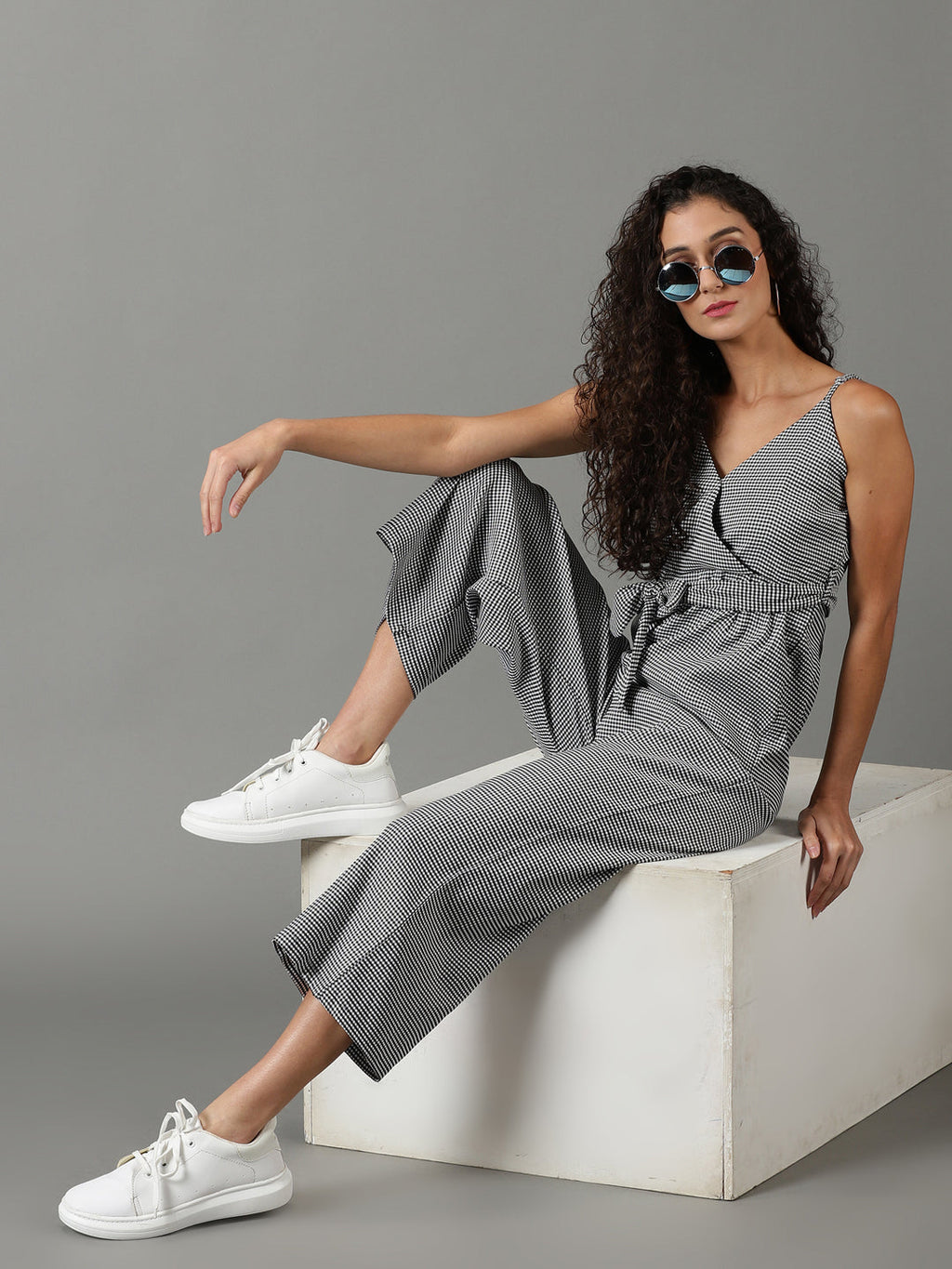 Women's White Checked Shoulder Strap Cotton Basic Jumpsuit With Waist Tie-Ups