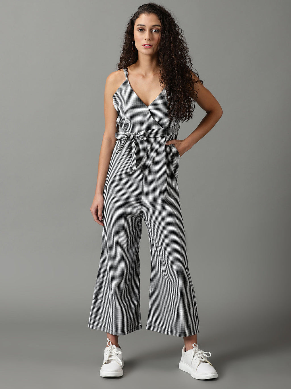 Women's White Checked Shoulder Strap Cotton Basic Jumpsuit With Waist Tie-Ups