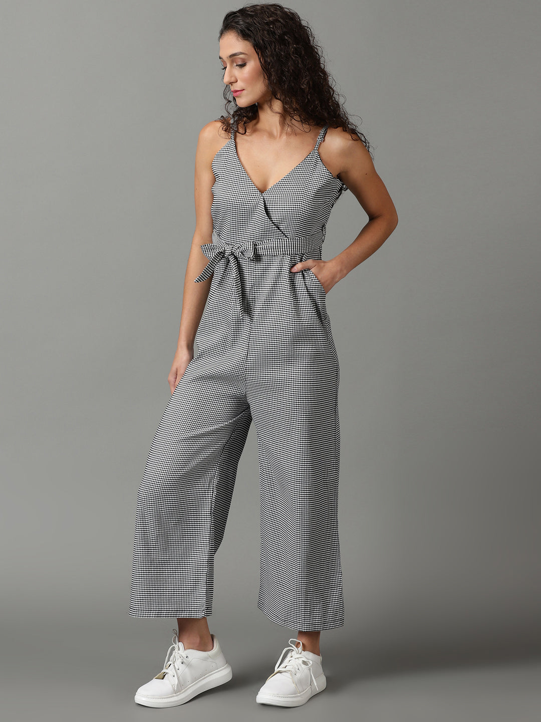 Women's White Checked Shoulder Strap Cotton Basic Jumpsuit With Waist Tie-Ups