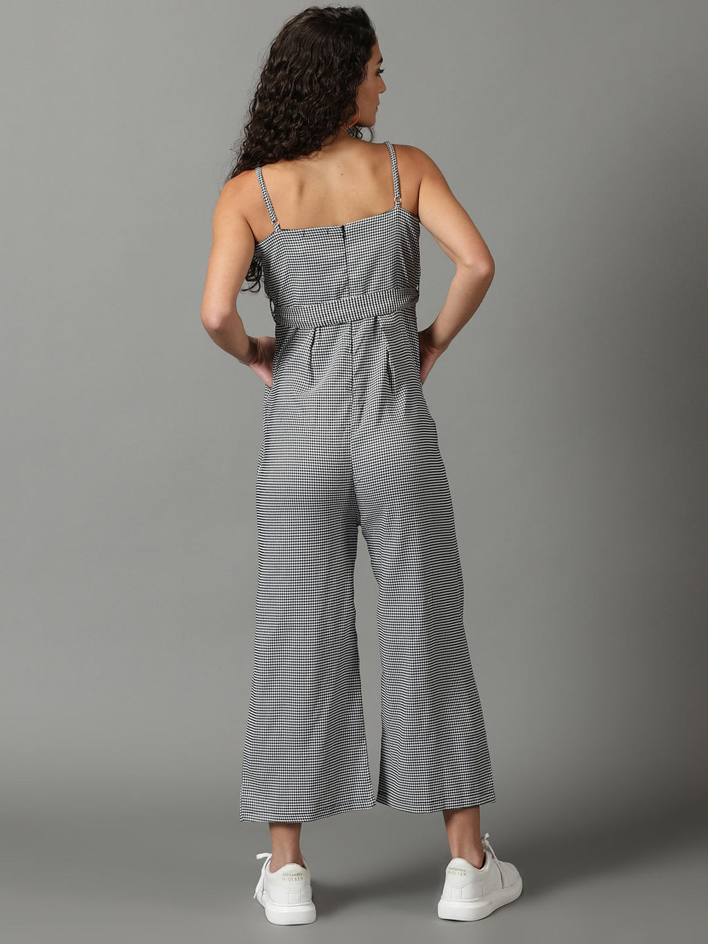 Women's White Checked Shoulder Strap Cotton Basic Jumpsuit With Waist Tie-Ups