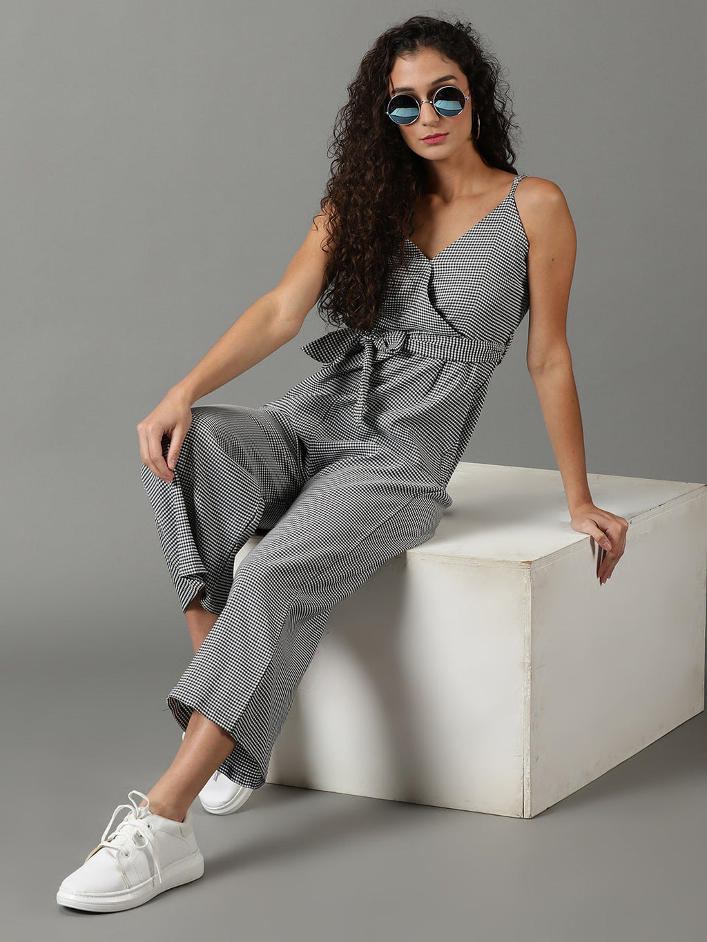 Women's White Checked Shoulder Strap Cotton Basic Jumpsuit With Waist Tie-Ups