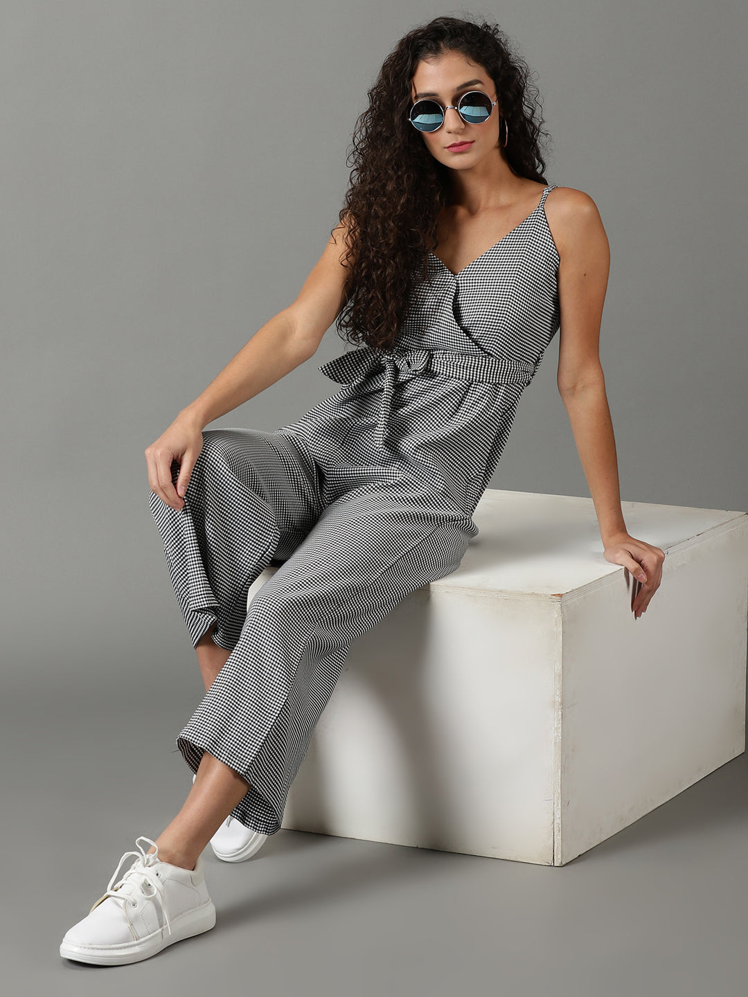 Women's White Checked Shoulder Strap Cotton Basic Jumpsuit With Waist Tie-Ups