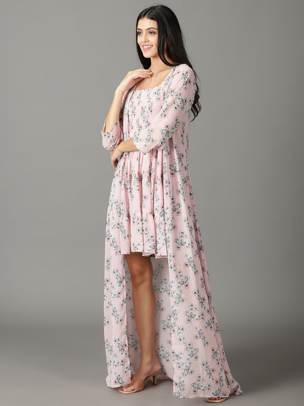 Women's Pink Floral Printed Fit & Flare Dress With Jacket