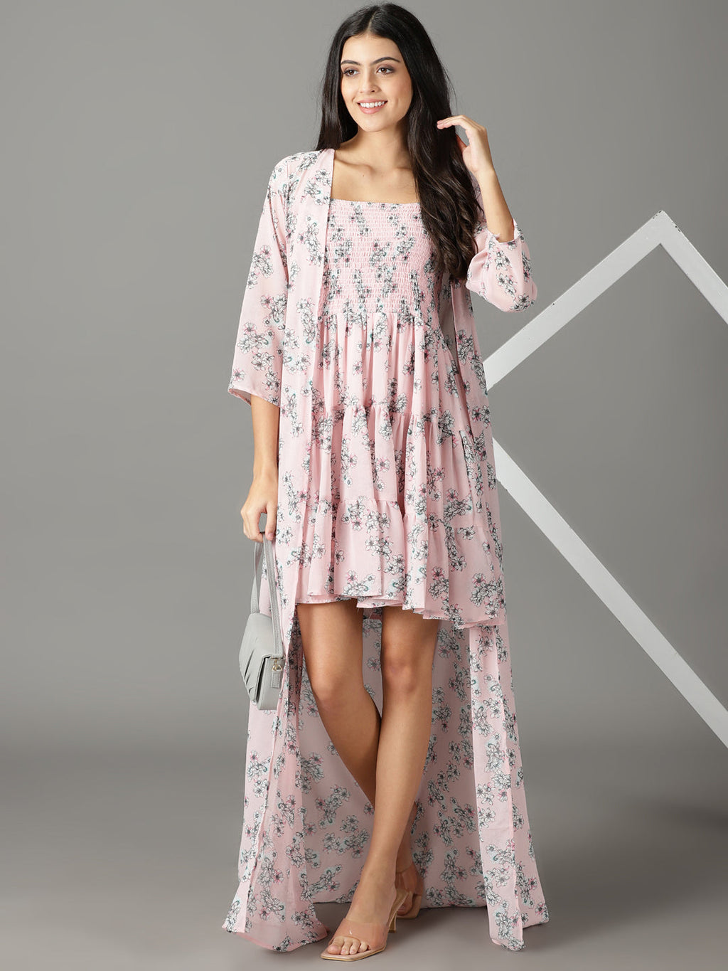 Women's Pink Floral Printed Fit & Flare Dress With Jacket