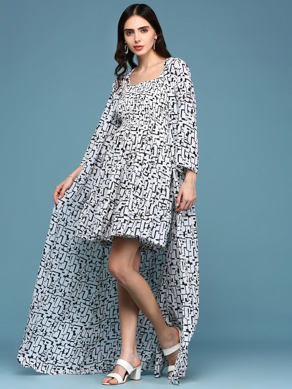 Women's White Abstract Printed A-Line Dress