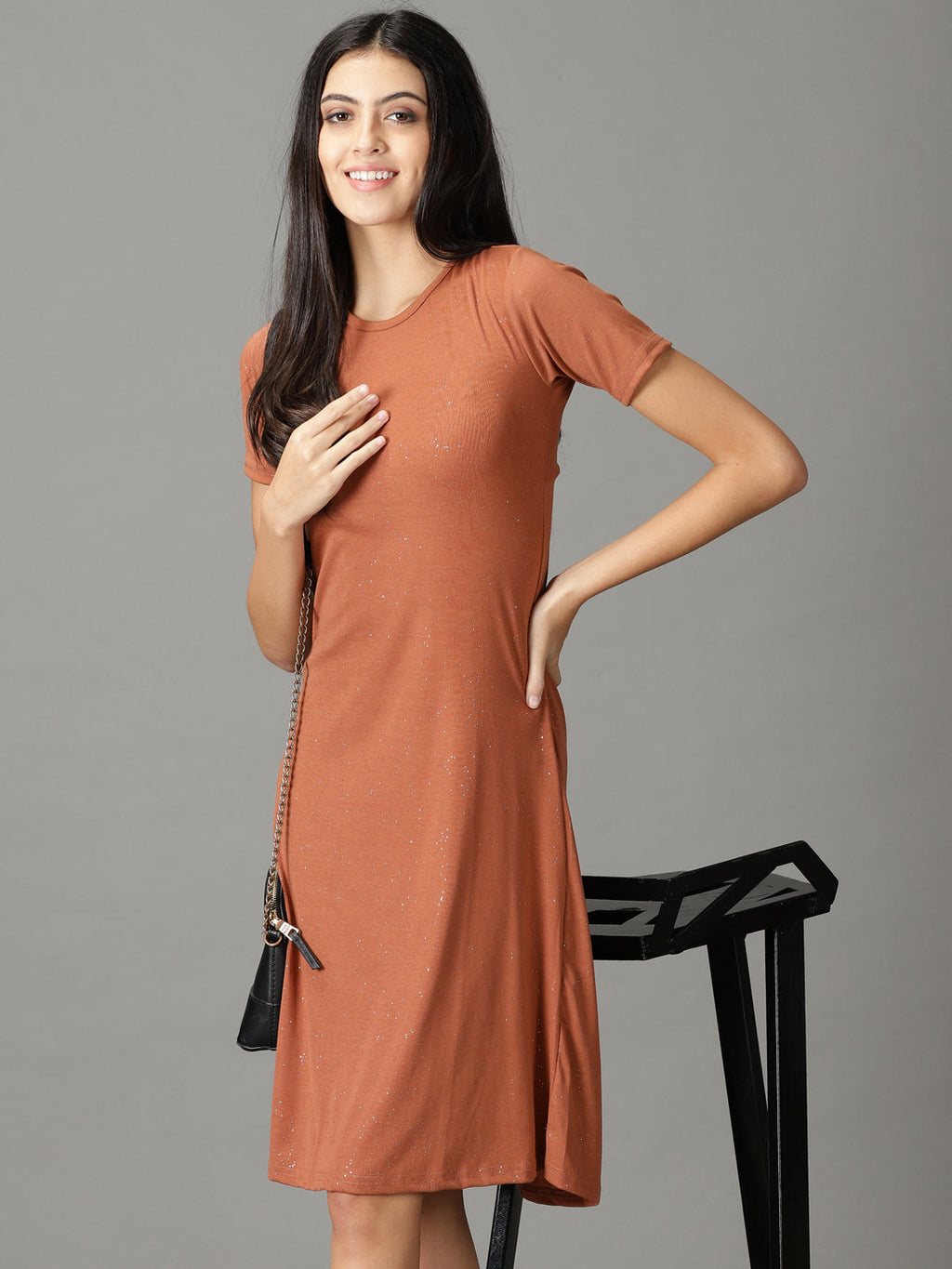 Women's Rust Embellished Round Neck Cut-Out A-Line Dress