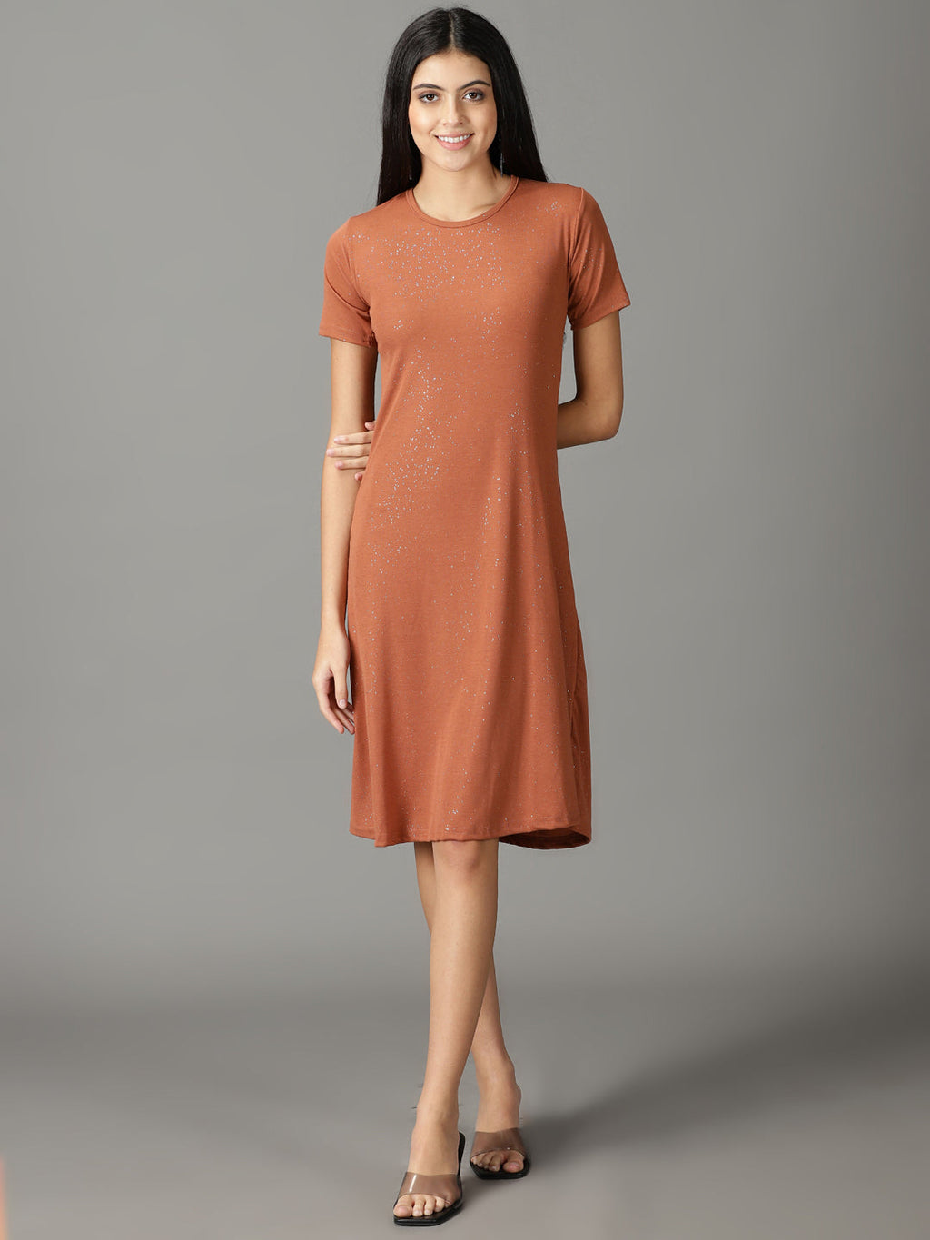 Women's Rust Embellished Round Neck Cut-Out A-Line Dress
