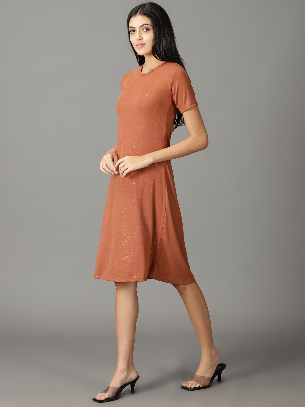 Women's Rust Embellished Round Neck Cut-Out A-Line Dress
