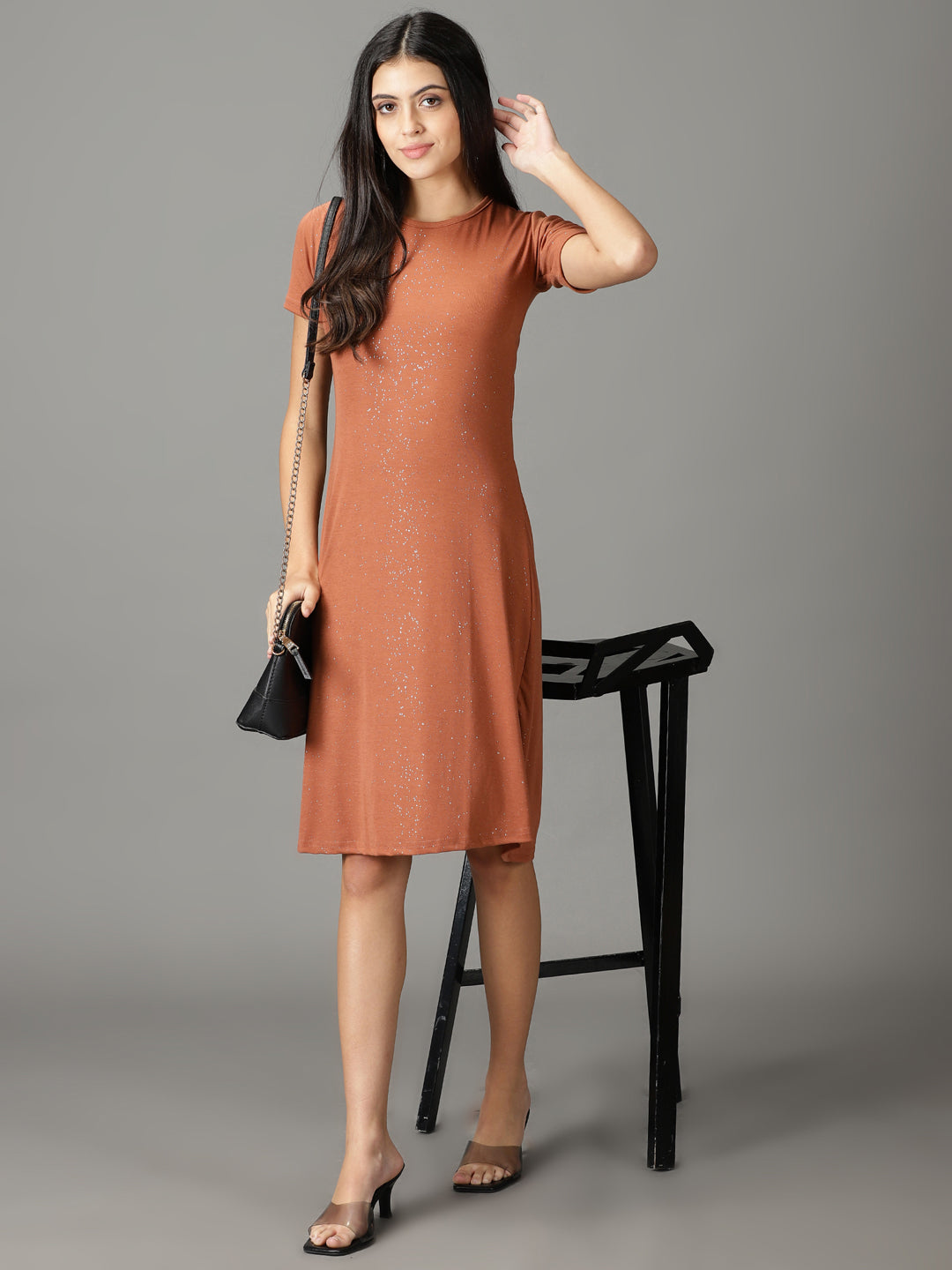 Women's Rust Embellished Round Neck Cut-Out A-Line Dress