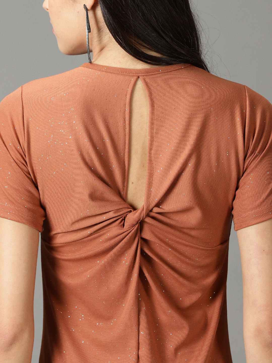 Women's Rust Embellished Round Neck Cut-Out A-Line Dress