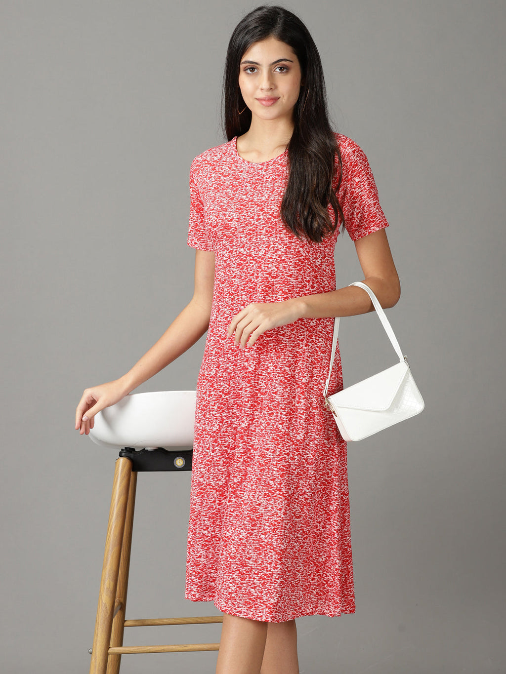 Women's Red Round Neck Abstract Print A-Line Midi Cotton Dress