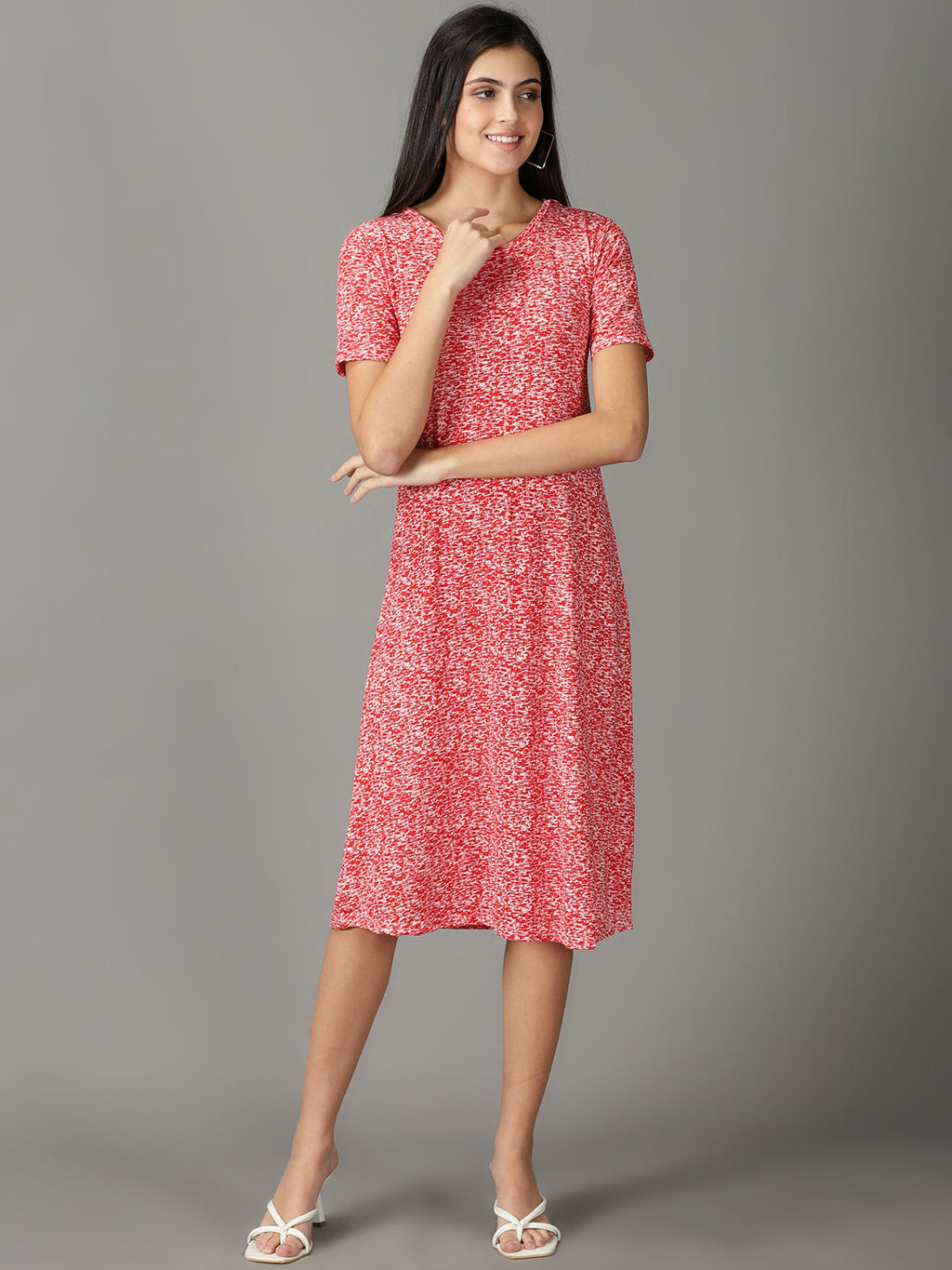 Women's Red Round Neck Abstract Print A-Line Midi Cotton Dress