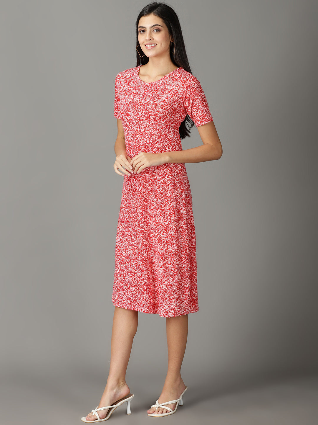 Women's Red Round Neck Abstract Print A-Line Midi Cotton Dress