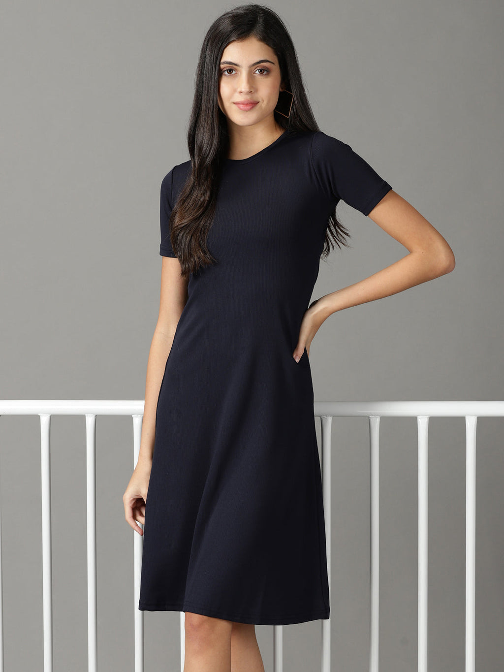 Women's Navy Blue Round Neck A-Line Dress