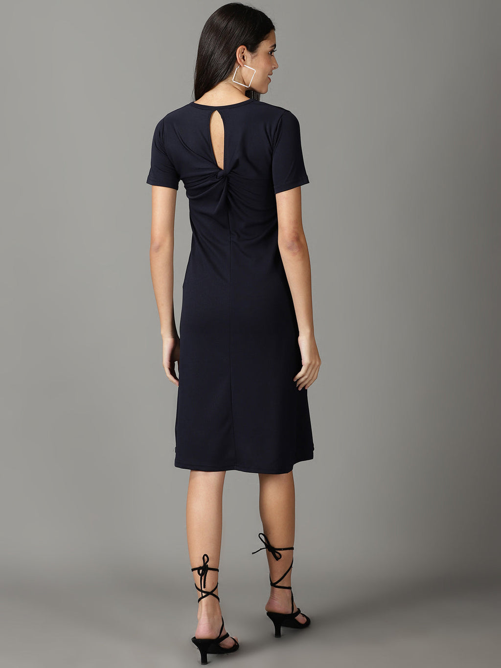 Women's Navy Blue Round Neck A-Line Dress