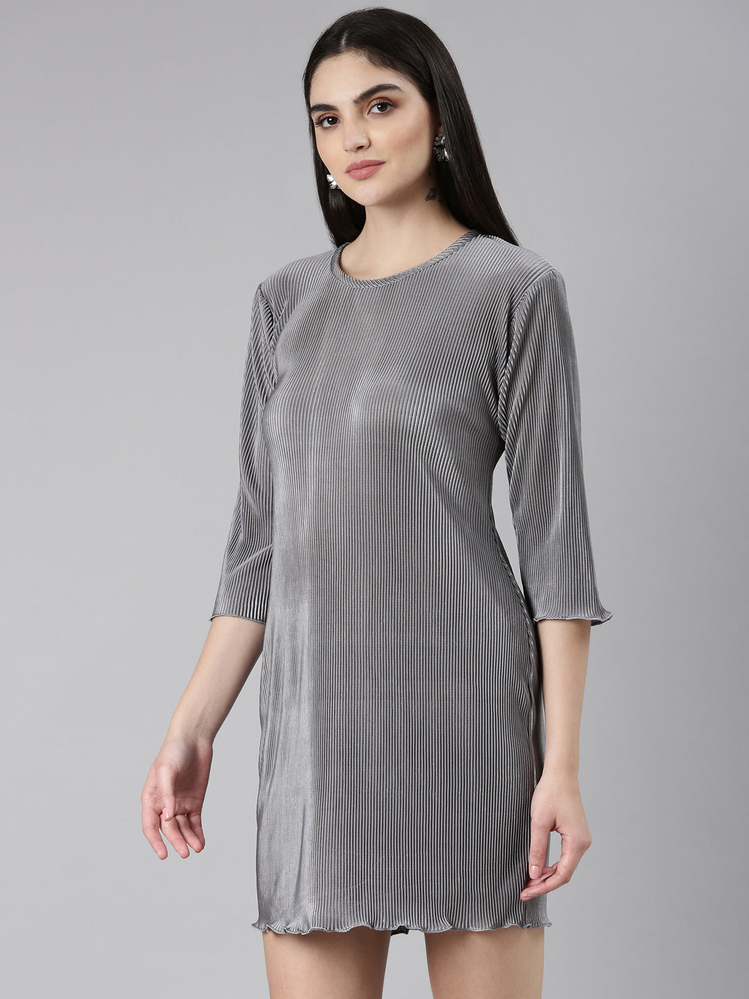 Women's Grey Self Design Satin A-Line Dress
