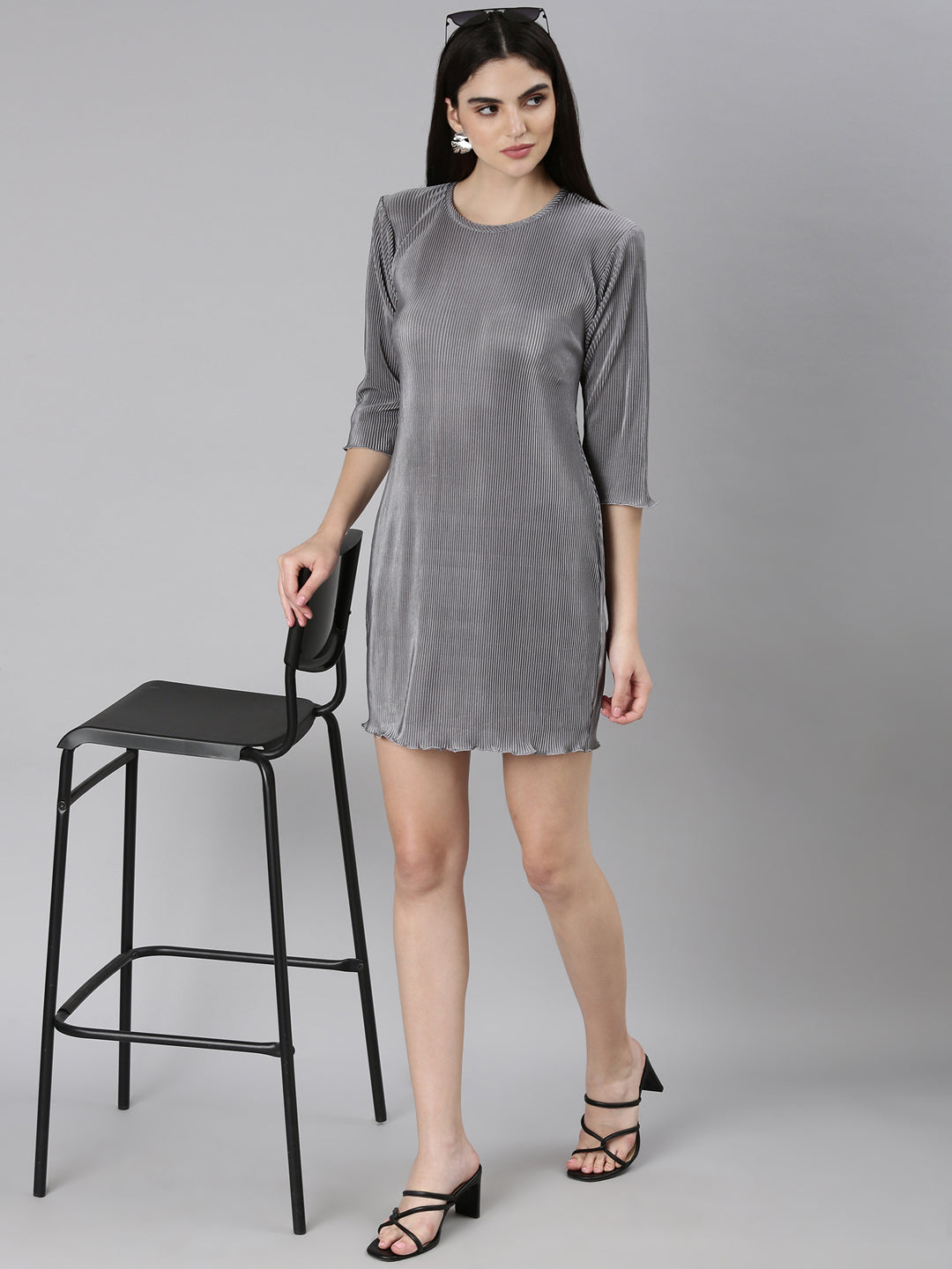 Women's Grey Self Design Satin A-Line Dress