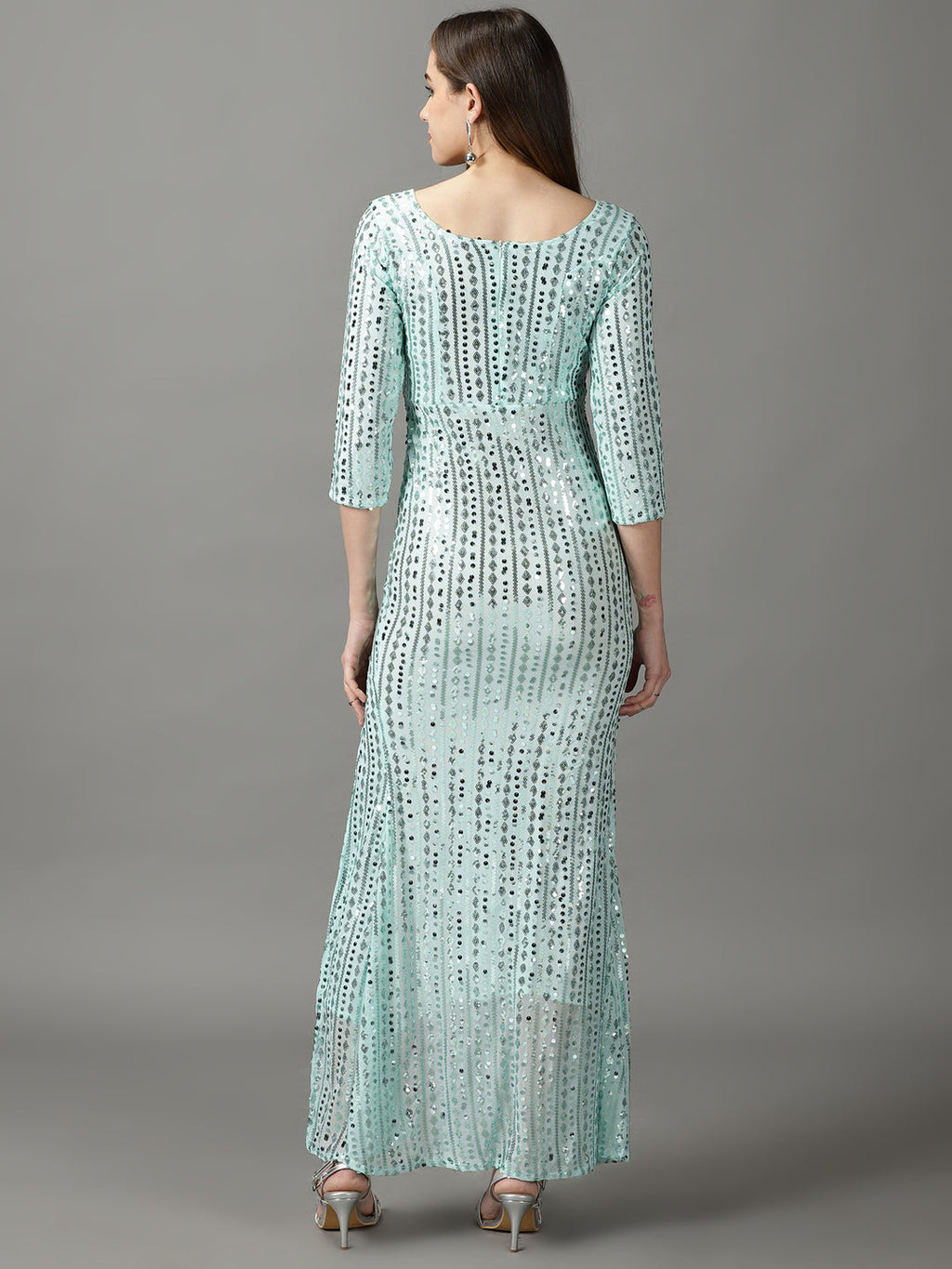 Women's Sea Green Round Neck Net Sheath Maxi Dress
