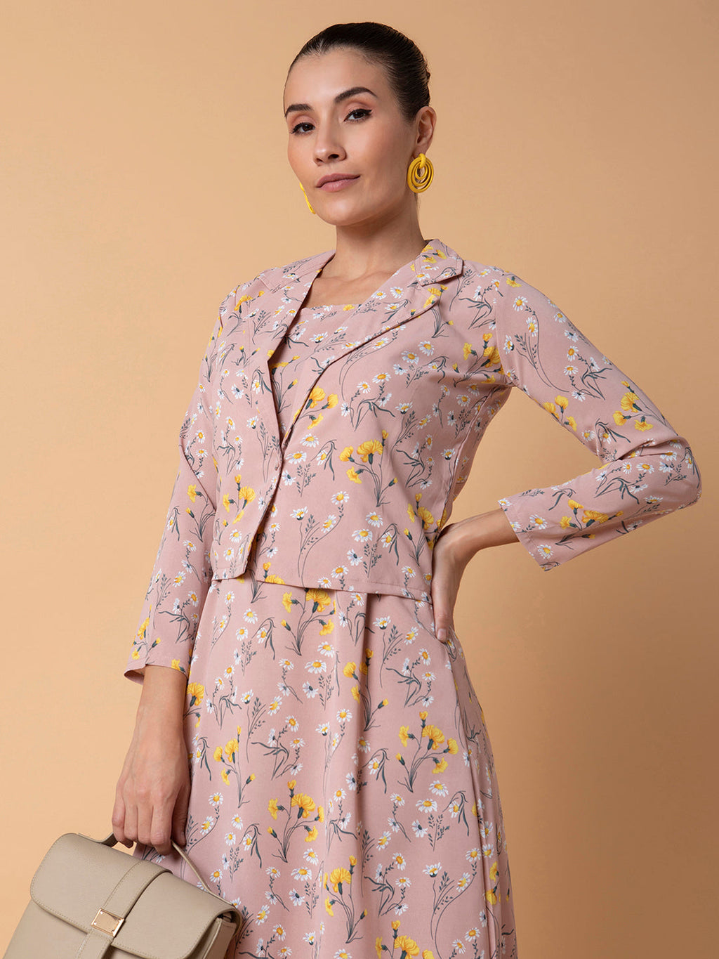 Women's Floral Peach Midi A-Line Dress with Shrug