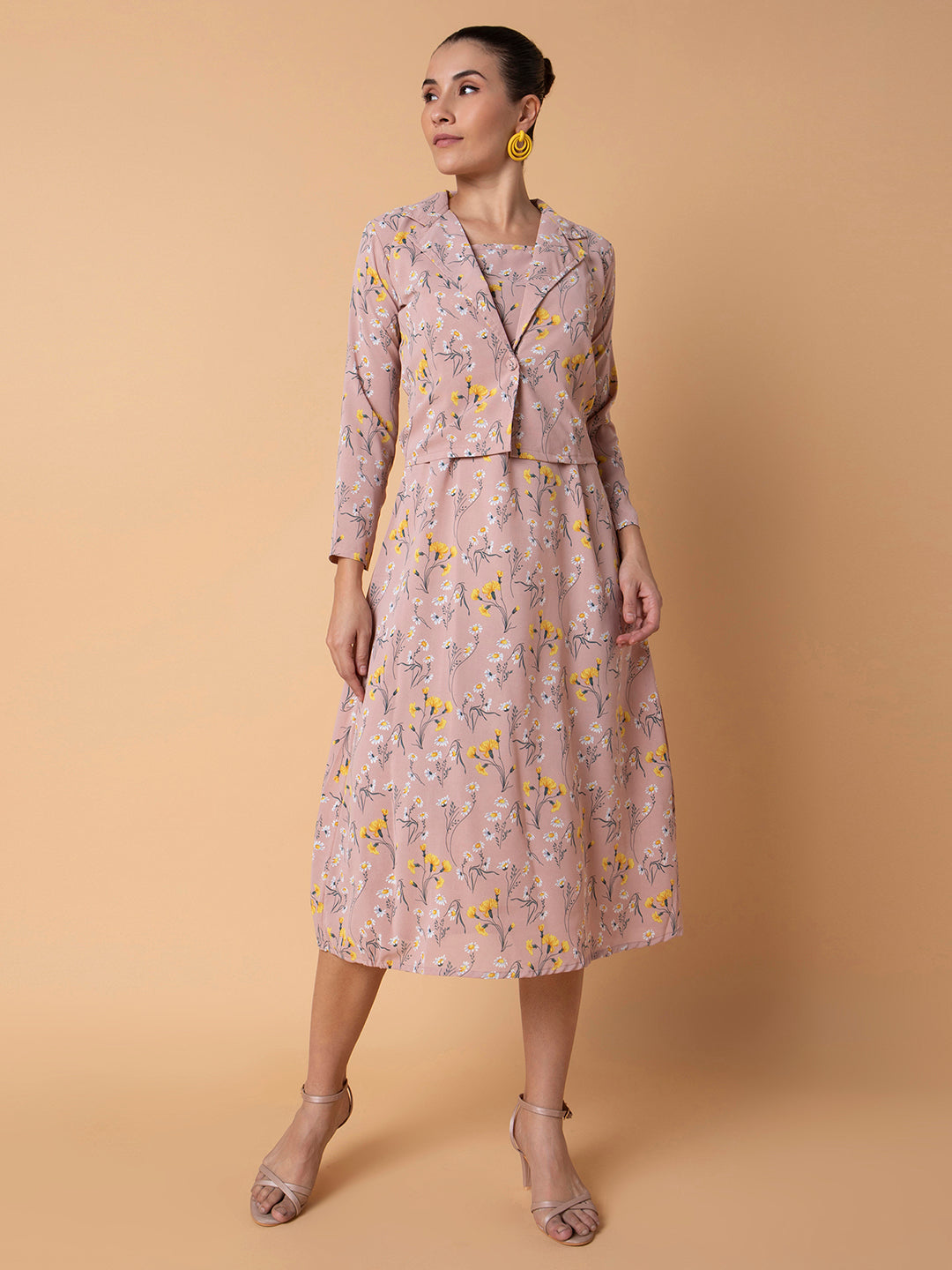 Women's Floral Peach Midi A-Line Dress with Shrug
