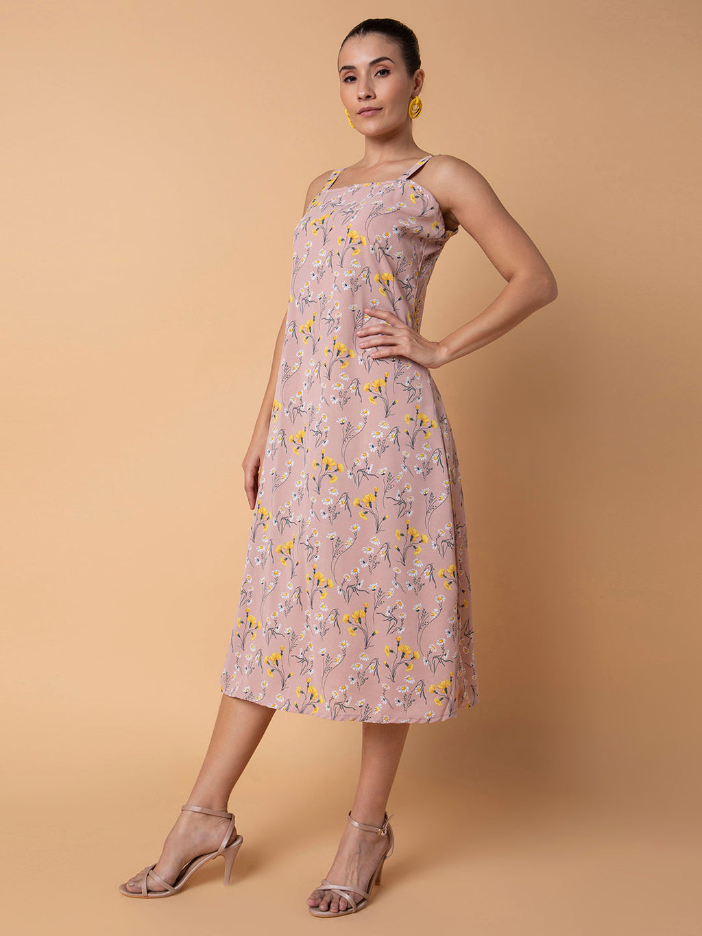 Women's Floral Peach Midi A-Line Dress with Shrug