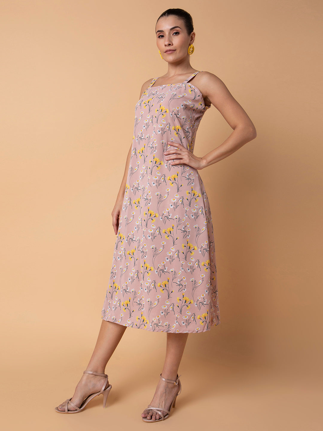 Women's Floral Peach Midi A-Line Dress with Shrug